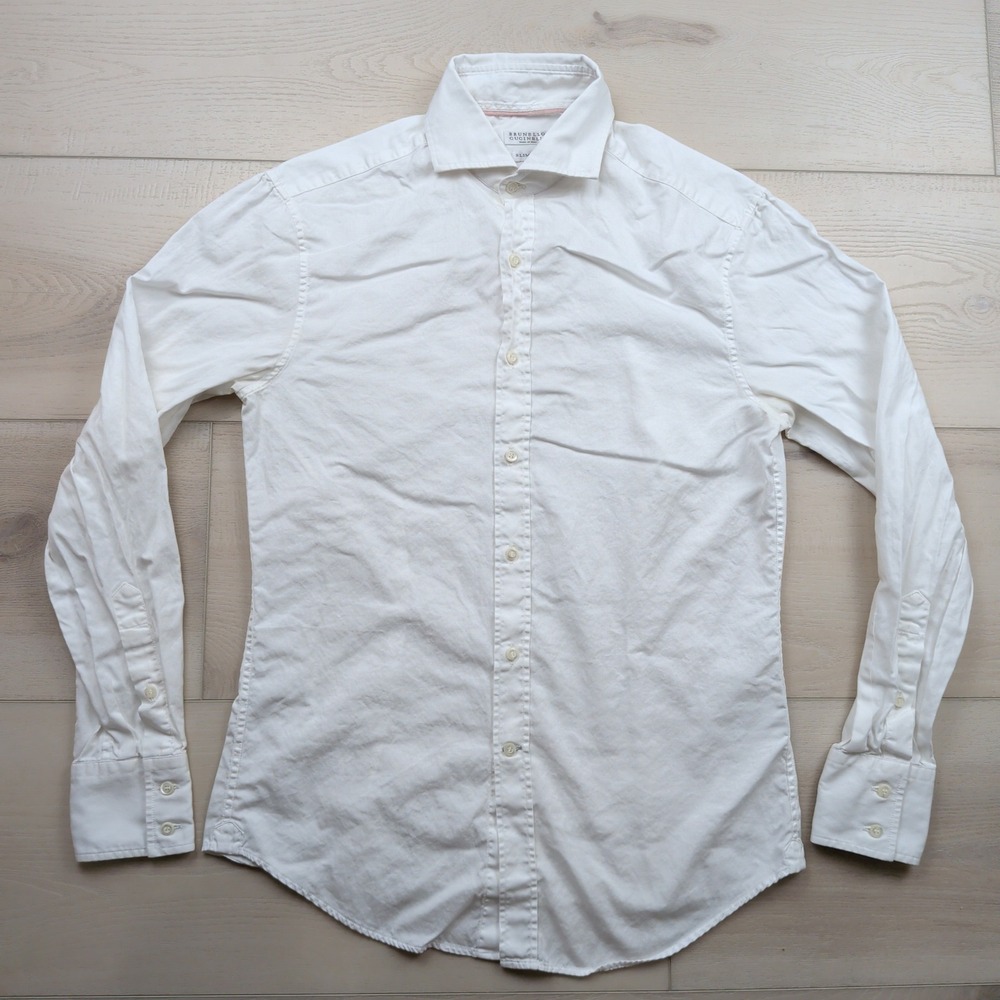 Brunello Cucinelli Mens Slim Fit White Cotton Button Down Shirt Small Italy